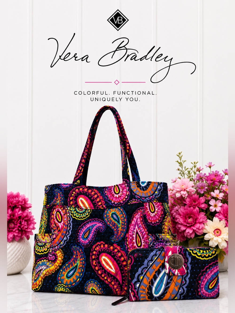 Vera Bradley Colorful Twilight Paisley Tote Turnlock Wallet Matching Set - Picture 1 of 15